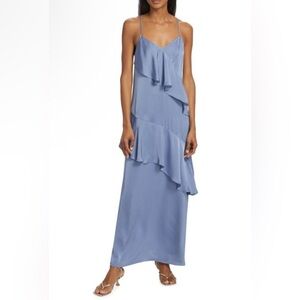 Ramy Brook, Elsie Tiered Satin Maxi Dress in Steel Blue, Size 00 | 0038